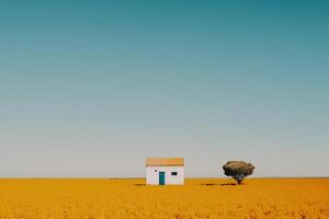 Lonely house in the desert with a tree. Illustration photo