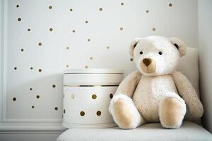 White wall with gold stars stickers and teddy bear in the interior. Illustration photo