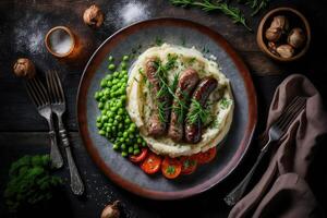 Grilled sausages with mashed potatoes. Illustration photo