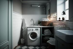 Interior of bathroom with modern washing machine. Illustration photo