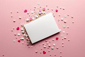 blanco papel tarjeta burlarse de arriba en rosado antecedentes con rosado corazón. ilustración ai generativo foto