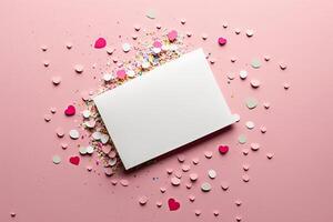 Blank paper card mock up on pink background with pink heart. Illustration photo