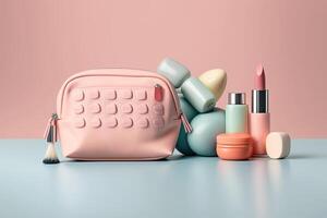 Pink make-up bag with cosmetic products. Illustration photo