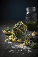 Pasta with swiss chard pesto. Illustration photo