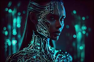 Fusion of Human and Machine Female Face Embodying the Technological Enhancements, photo