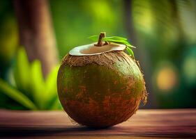 ripe coconut on a wooden table on a green background. photo