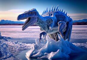 glacial período. extinción de el dinosaurios reptil encarnado dentro hielo. ai generado foto