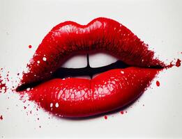 mujer labios con rojo lápiz labial en un blanco antecedentes. ai generado foto