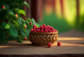 a wicker basket with raspberries stands on the table against the backdrop of a green garden. photo