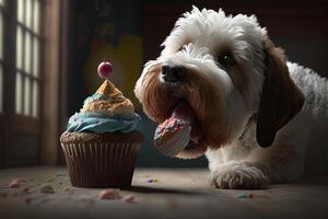 dogs in birthday caps sit at party. Illustration photo