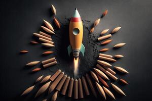 education and innovation concept. Rocket made of wood. Illustration photo