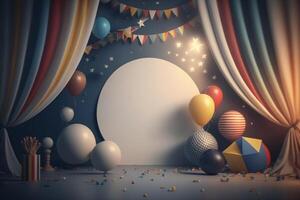 Festive party with balloons, stage and garlands. Illustration photo