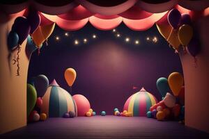 Festive party with balloons, stage and garlands. Illustration photo