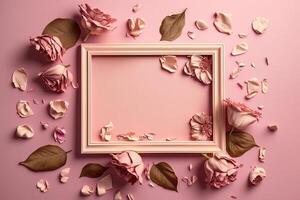 A floral frame with rose flowers and petals on a pink background. Illustration photo