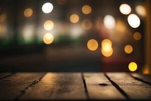 Wooden table in front of an abstract blurred background. Illustration photo