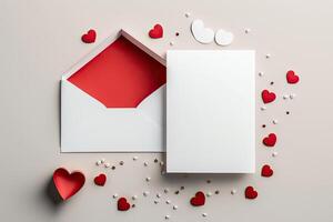 Valentine Day card mockup with hearts and red envelope. Illustration photo