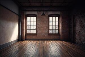An empty room with a large loft-style window. Illustration photo