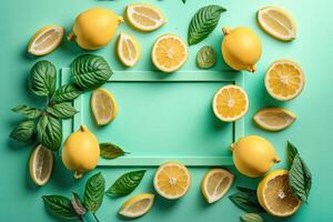 Lemons on mint background with place for text. Illustration photo