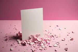 Blank paper card mock up on pink background with pink heart. Illustration photo