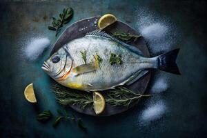 delicious dorada ready for salt-baked fish top view. Illustration photo