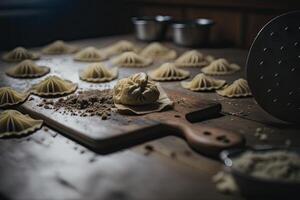 Pierogi in the making on a wooden background. Illustration photo