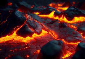 caliente lava fluye en piedras erupción. rojo magma. ai generado foto