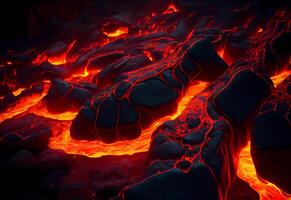 caliente lava fluye en piedras erupción. rojo magma. ai generado foto