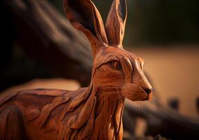 tallado marrón de madera liebre. escultura en el parque. ai generado foto