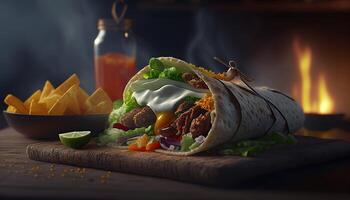 Tasty Doner Kebab Shawarma Roll Wrap Illustration. Food photo