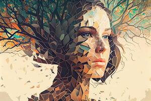 Woman face made from tree foliage and sky, mosaic portrait photo