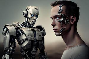 Person and robot portrait, man and android, illustration of technology and future, photo