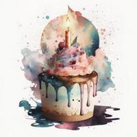 birthday watercolor cake on white background. Illustration photo