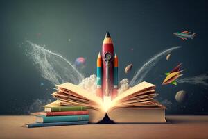 Books And Pencils With Rocket Sketch. Illustration photo