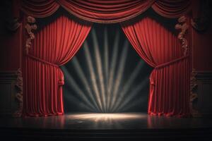 Magic theater stage red curtains Show Spotlight. Illustration photo