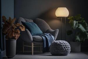 Armchair with pillow glowing lamp plant in pot ottoman. Illustration photo