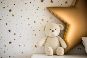 blanco pared con oro estrellas pegatinas y osito de peluche oso en el interior. ilustración ai generativo foto