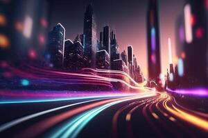 Abstract speed light flow through the city with gradient. Illustration photo