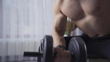 Young bodybuilder man working out with the help of dumbbells to enlarge his arm muscles. The muscular man works with the help of dumbbells to make his arm muscles look bigger and more beautiful. video