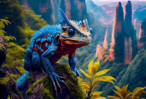 blue chameleon on a branch against the backdrop of green jungle. photo