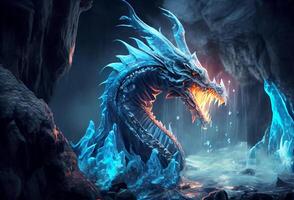 an icy dragon in a damp dark cave. angry lizard breathing fire. photo