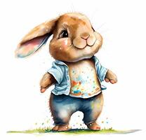 cute bunny in clothes painted in watercolor. photo