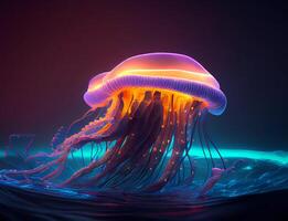 neon jellyfish in the sea. blue glow jellyfish. photo