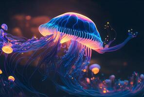 neon jellyfish in the sea. blue glow jellyfish. photo
