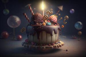 Colorful festive delicious Birthday cake. Illustration photo