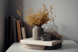 Minimalistic and design composition of dried flowers in vase. Illustration photo