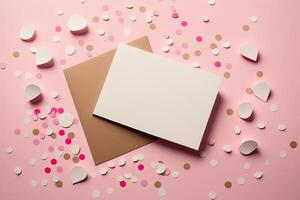 Blank paper card mock up on pink background with pink heart. Illustration photo
