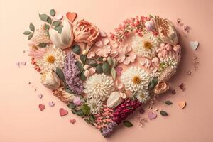 Heart surrounded with fresh colorful flowers on pastel. Illustration photo