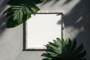 A minimalist white thin line makes a decorated square frame with palm leaves. Illustration photo