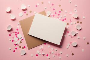Blank paper card mock up on pink background with pink heart. Illustration photo