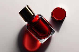 top view of a bottle of red nail polish varnish flows. Illustration photo